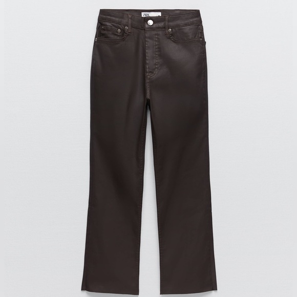 Zara The Dreed Flare chocolate brown coated jean pant high rise 14 - Picture 1 of 7